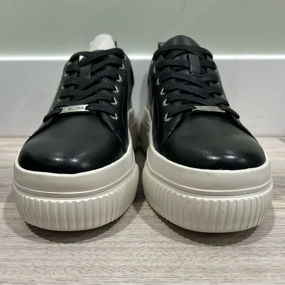 NIB J/SLIDES NYC West Black Leather Sneaker Shoes White Platform Soles Size 9M - Picture 2 of 12